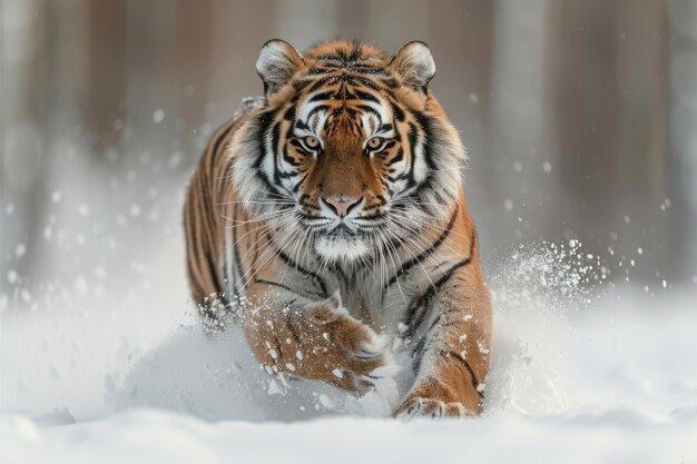 Una tigre siberiana in movimento con uno sfondo sfocato nella taiga innevata