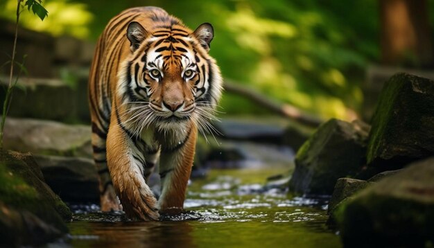 una tigre sta camminando nell'acqua nel bosco