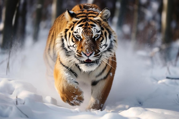 una tigre sta correndo nella neve