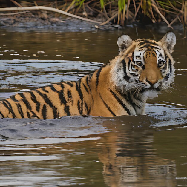 una tigre sta nuotando nell'acqua e sta nuotando