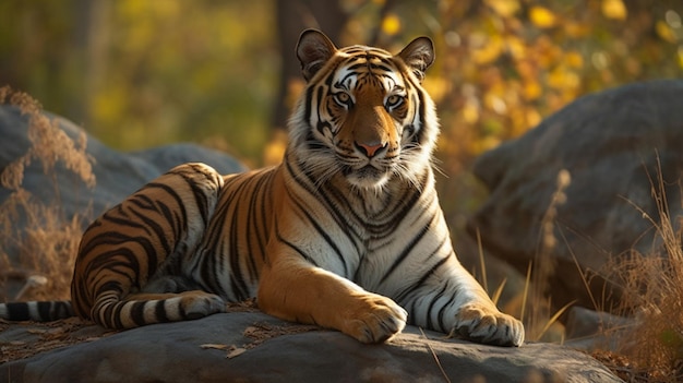 Una tigre su una roccia nel bosco