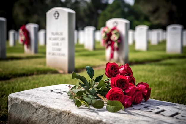 Una tomba con rose rosse e un cartello che dice "la parola cimitero"