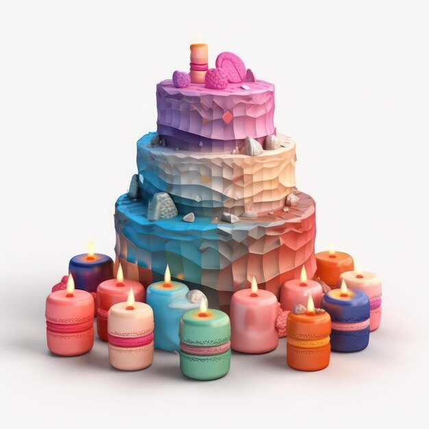 una torre colorata di oggetti colorati con una candela in cima