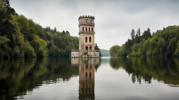 Una torre del castello su un lago con alberi sullo sfondo