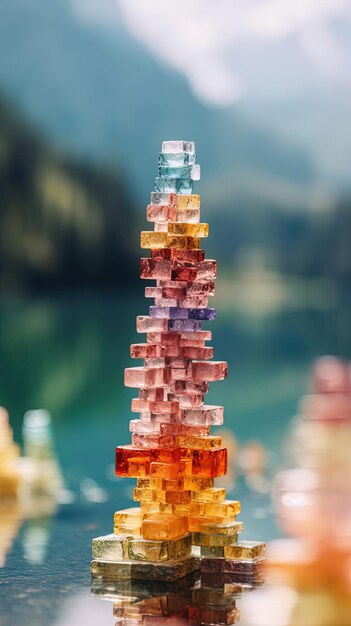 una torre di blocchi di vetro colorati è impilata l'una sopra l'altra.