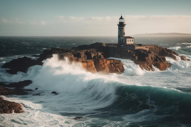 Una torre faro arroccata su una scogliera rocciosa e affacciata sul blu infinito dell'oceano