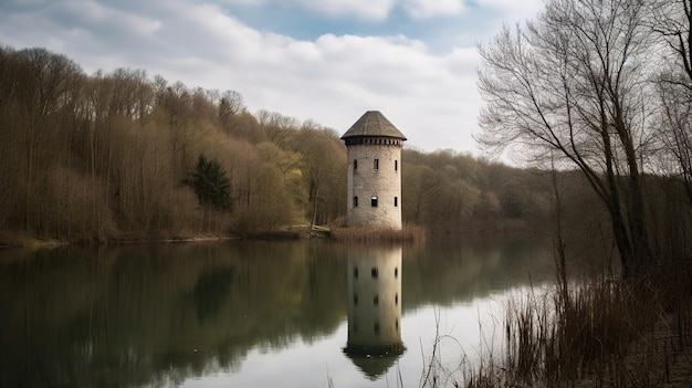 Una torre sul lago nella foresta