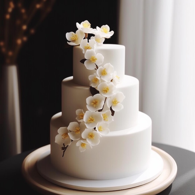 Una torta a tre piani con fiori bianchi in cima.