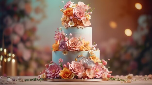 Una torta a tre piani con sopra dei fiori