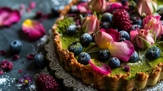 Una torta adornata di bacche fresche e fiori delicati si siede su un tavolo di legno