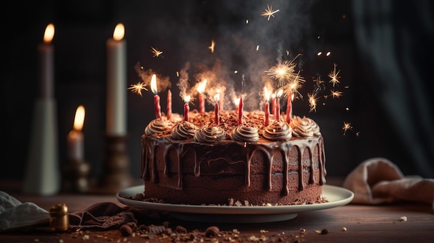 Una torta al cioccolato con candele accese è illuminata da stelle filanti.