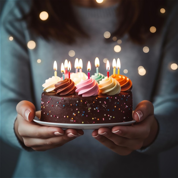 Una torta al cioccolato con candele accese è tenuta in mano da una donna.