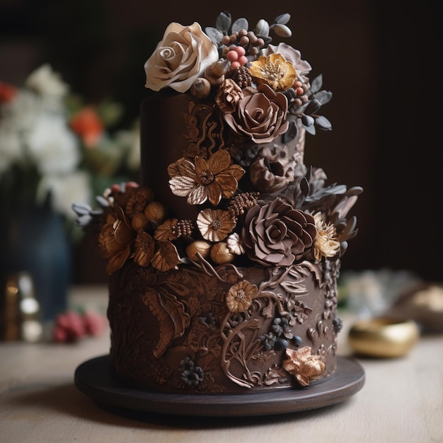 Una torta al cioccolato con fiori e foglie sopra