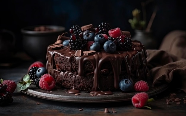 Una torta al cioccolato con frutti di bosco in cima