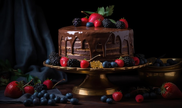 Una torta al cioccolato con frutti di bosco su un supporto per torte