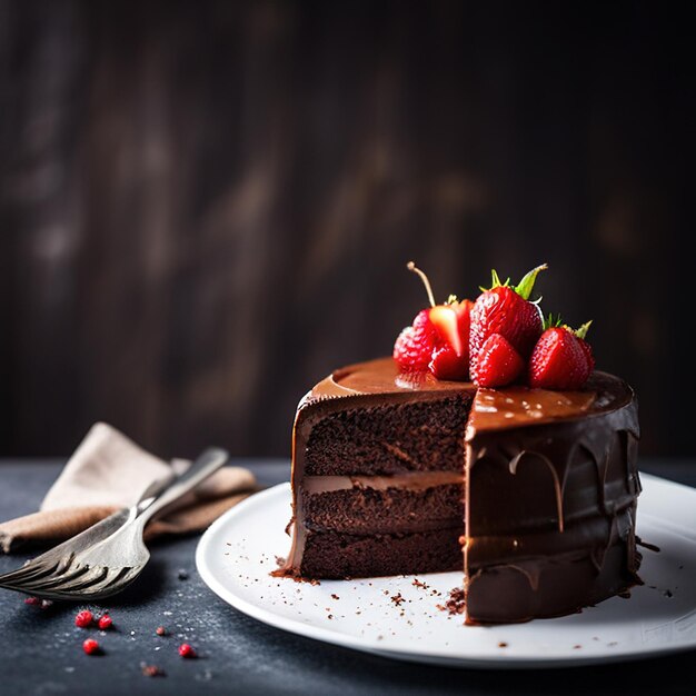 Una torta al cioccolato con glassa al cioccolato e fragole su un piatto.