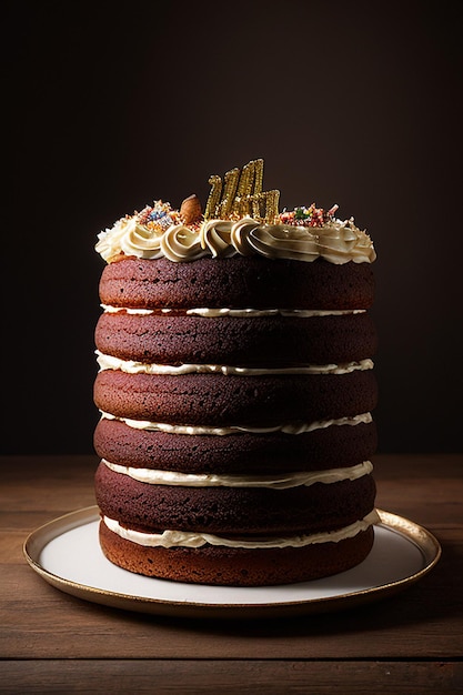 Una torta al cioccolato con glassa bianca e un bordo dorato e le parole buon compleanno in cima.