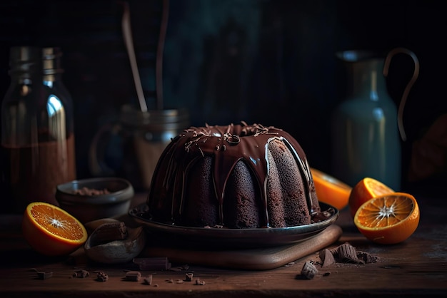 Una torta al cioccolato con gocce di cioccolato e arance su un tavolo di legno