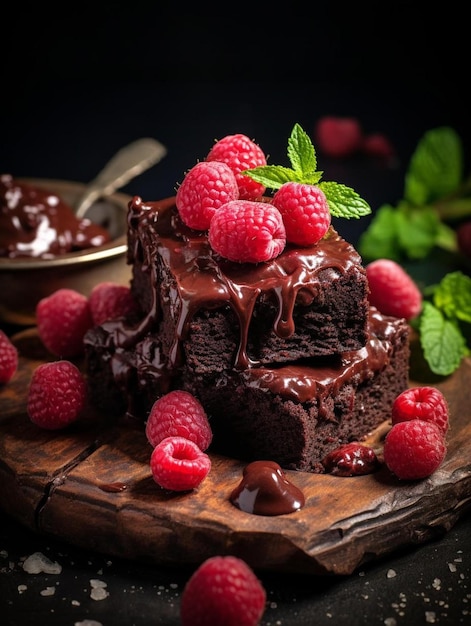 una torta al cioccolato con lamponi e foglie di menta su un piatto di legno.