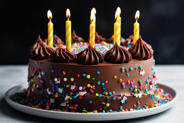 Una torta al cioccolato con le candele su di esso con uno sfondo nero.