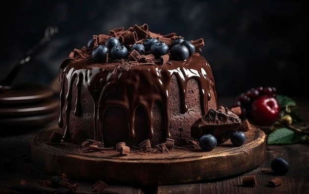 Una torta al cioccolato con mirtilli e cioccolato su un supporto in legno