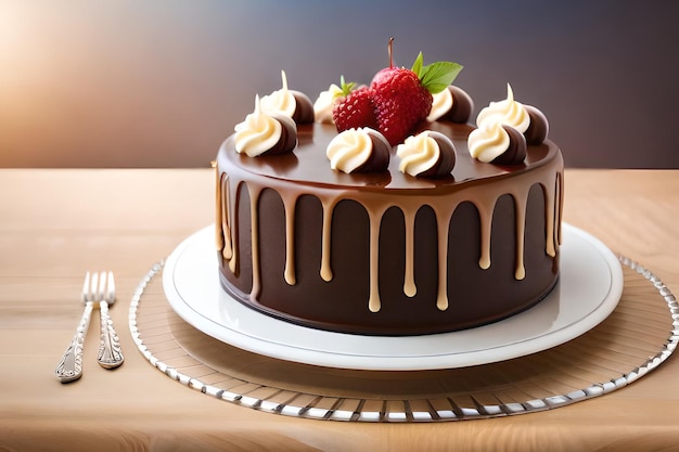 Una torta al cioccolato con salsa al cioccolato e fragole in cima