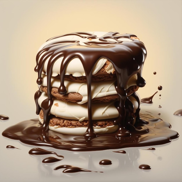 una torta al cioccolato con salsa di cioccolato e uno sfondo bianco e marrone.