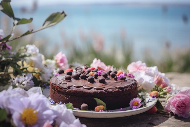 Una torta al cioccolato con scaglie di cioccolato e fiori su un tavolo