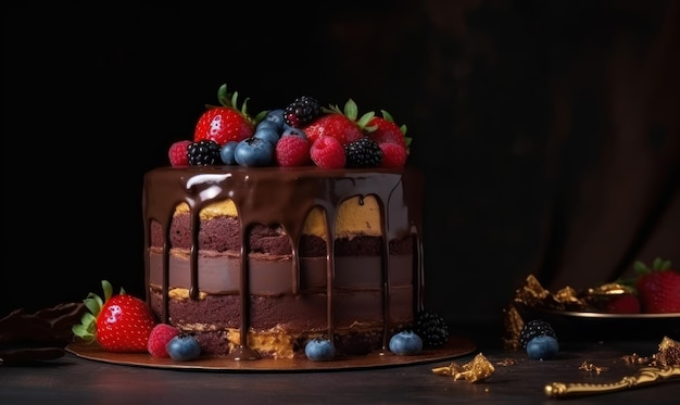 Una torta al cioccolato con sopra cioccolato e frutti di bosco