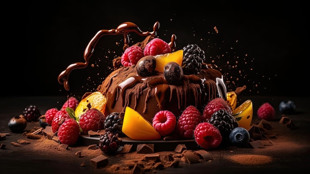 Una torta al cioccolato con sopra della frutta e una salsa al cioccolato sotto.