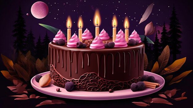 Una torta al cioccolato con sopra delle candele e una luna sullo sfondo.