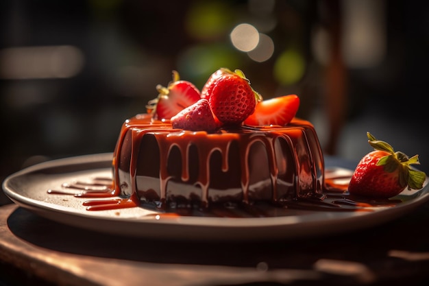 Una torta al cioccolato con sopra delle fragole