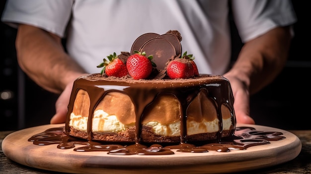 Una torta al cioccolato con sopra delle fragole