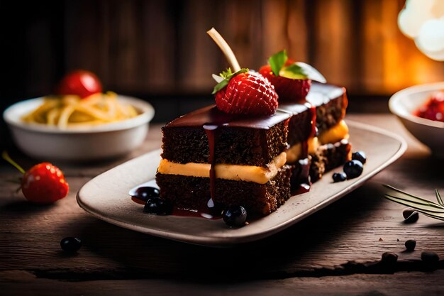 Una torta al cioccolato con sopra una fragola