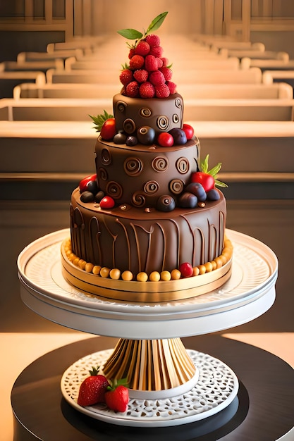 Una torta al cioccolato con sopra una torta al cioccolato e frutti di bosco.