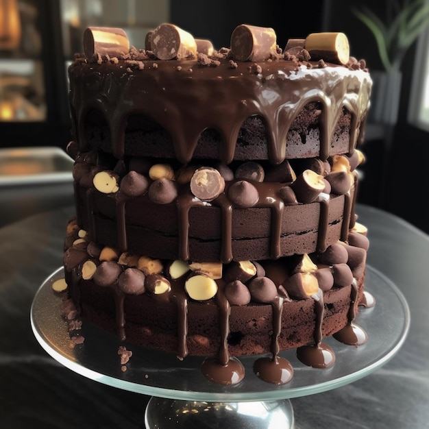 Una torta al cioccolato con tante caramelle sopra