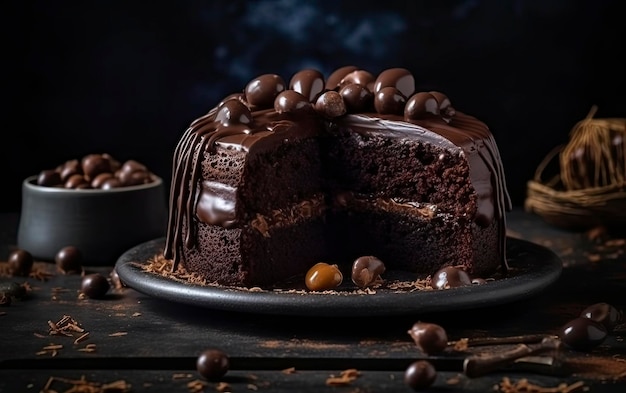 Una torta al cioccolato con un pezzo tagliato fuori