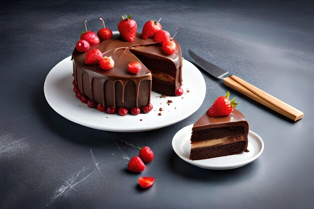 Una torta al cioccolato con una fetta di fragola sul lato.