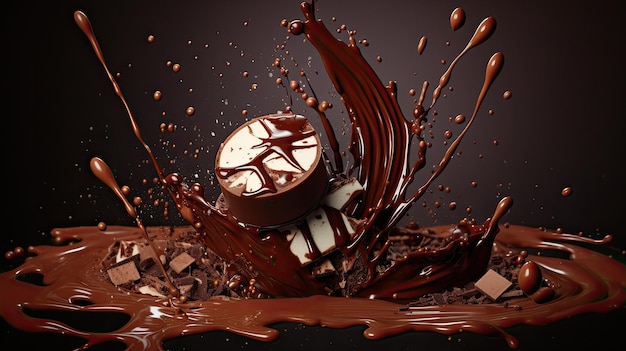 una torta al cioccolato e al cioccolate è circondata da cioccolata.