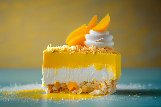 Una torta al mango con crema bianca e ripieno di mango.