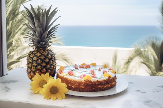 Una torta all'ananas con accanto un ananas