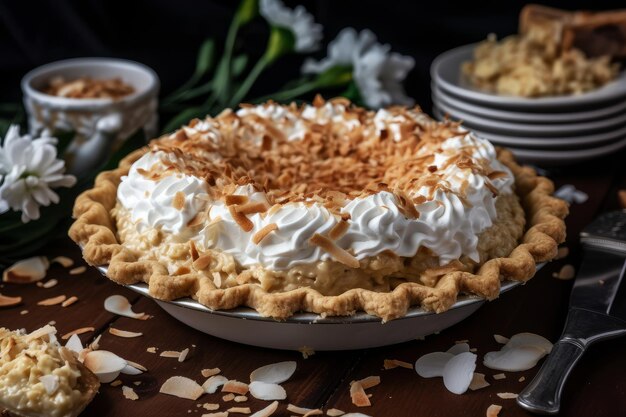 Una torta alla crema di cocco con sopra scaglie di cocco