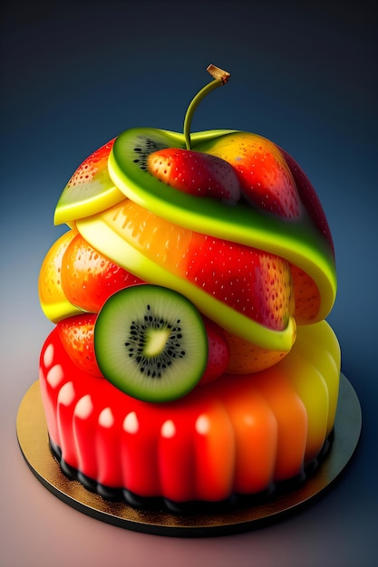 Una torta alla frutta con sopra una fetta di kiwi