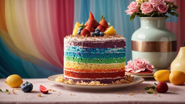 una torta arcobaleno esposta su uno sfondo elegante Focus su linee pulite composizione equilibrata