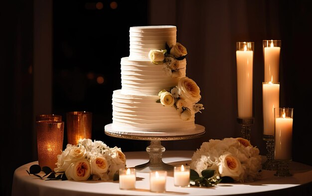 Una torta bianca con fiori sopra è su un tavolo con una candela.