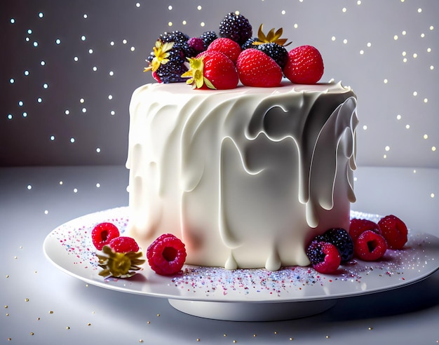 Una torta bianca con glassa bianca e frutti di bosco in cima