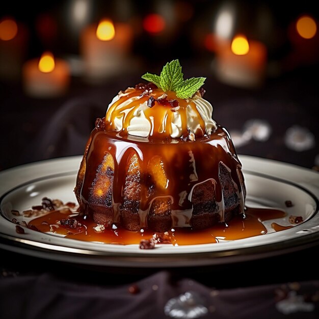 Una torta budino con salsa al caramello e panna