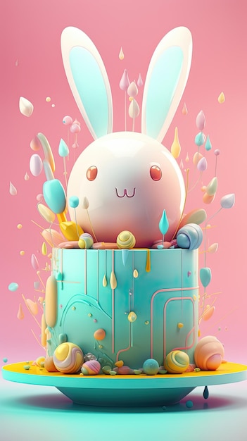 Una torta celebrativa pasquale futuristica con orecchie da coniglio Modello di banner e poster di Pasqua moderno Contenuto di intelligenza artificiale generativa