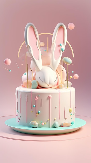 Una torta celebrativa pasquale futuristica con orecchie da coniglio Modello di banner e poster di Pasqua moderno Contenuto di intelligenza artificiale generativa