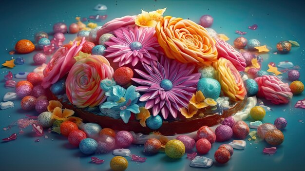 Una torta colorata con dei fiori sopra